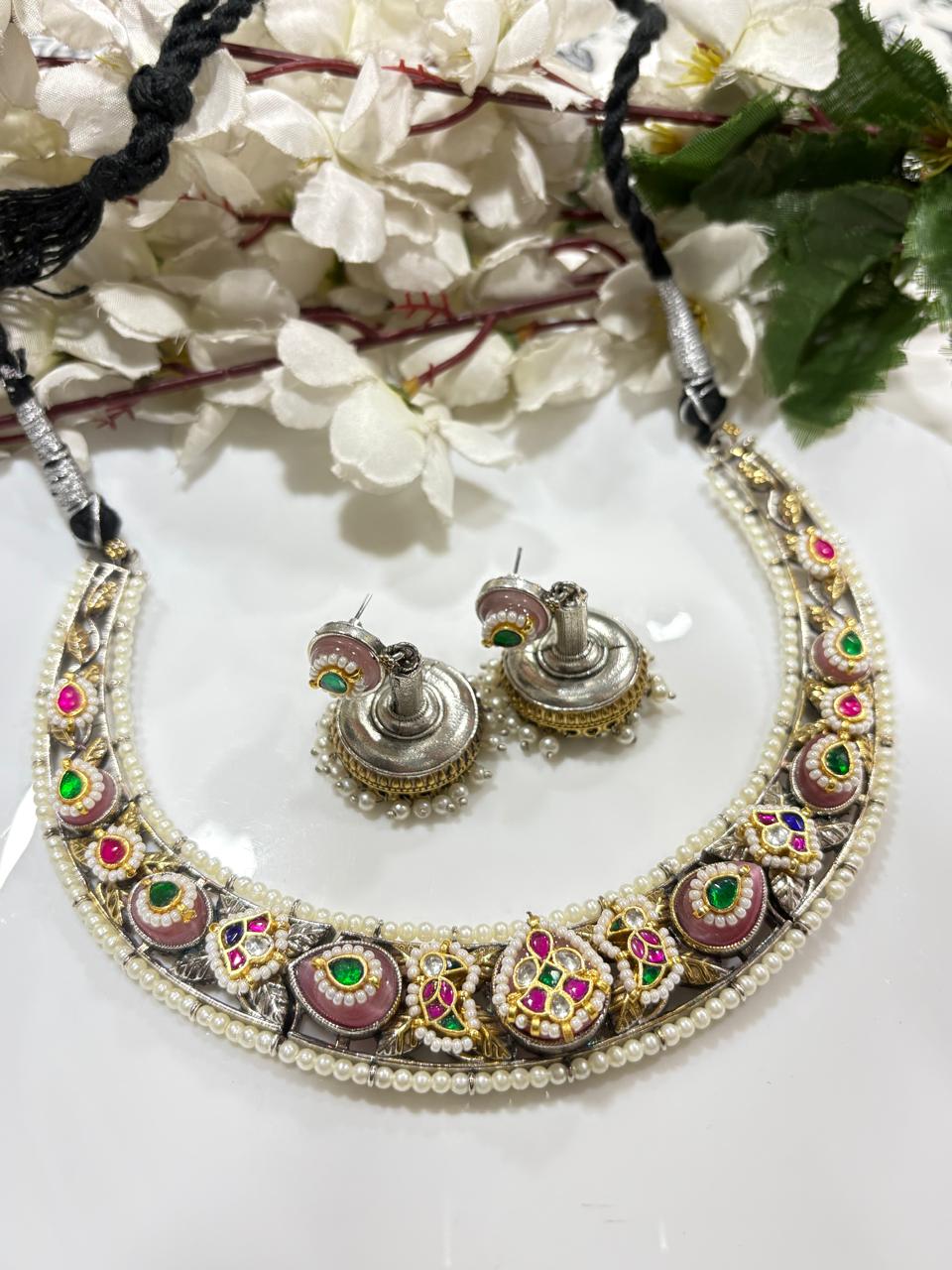 Rajkumari Navrang Dual Tone SLA Kundan Necklace Set with Jhumka Earrings | Premium Ethnic Jewellery – Ready Stock | Alankrent | AK-NV-JM10 - Alankrent Luxe