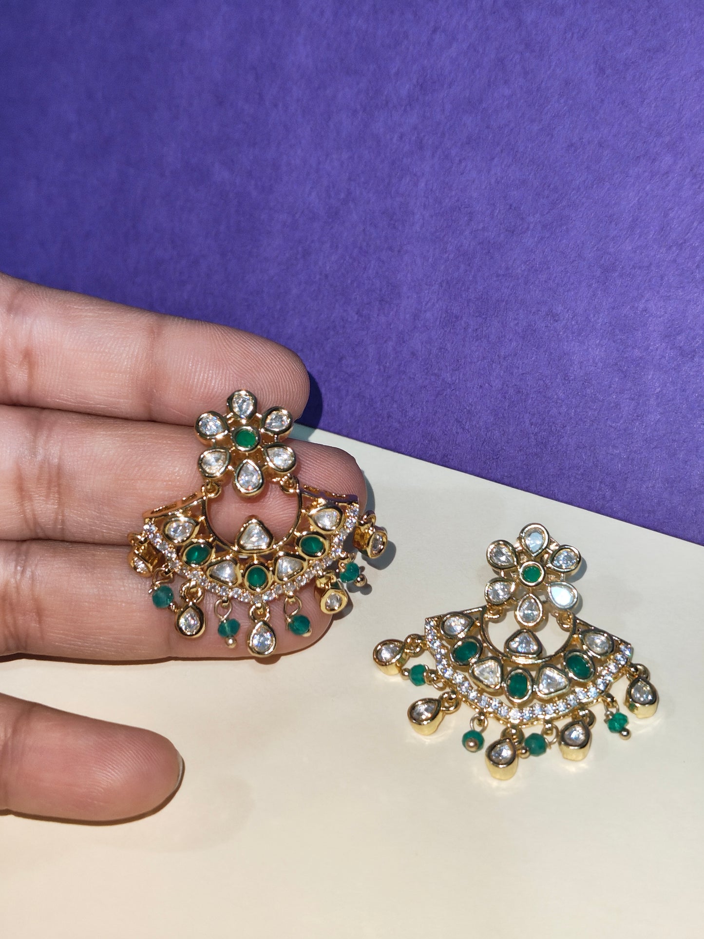 Premium Moissanite Polki Chandbali Earrings with Emerald Green Stones | Alankrent - Alankrent Luxe