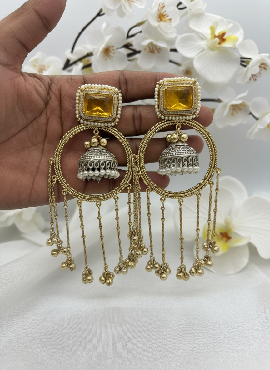 Kashmiri Noor Emerald Chandbali – Heritage Statement Earrings with Pearl Detailing