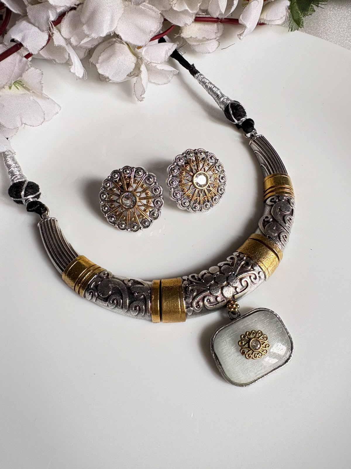 Ratnarekha Dual Tone Thread Hasli Choker Necklace Set with Earrings | Antique Silver & Gold Thread Hasli Jewellery
