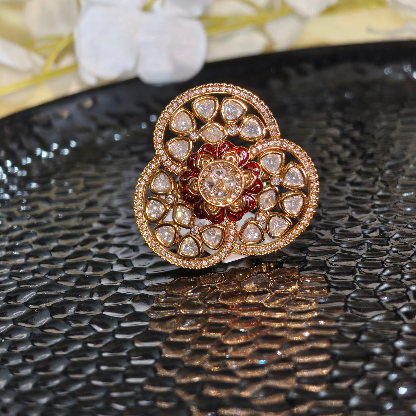Varnika Floral Polki Moissanite Ring with CZ Diamonds Adjustable Statement Ring  | Moissanite Jewellery India | Premium Indian Jewellery