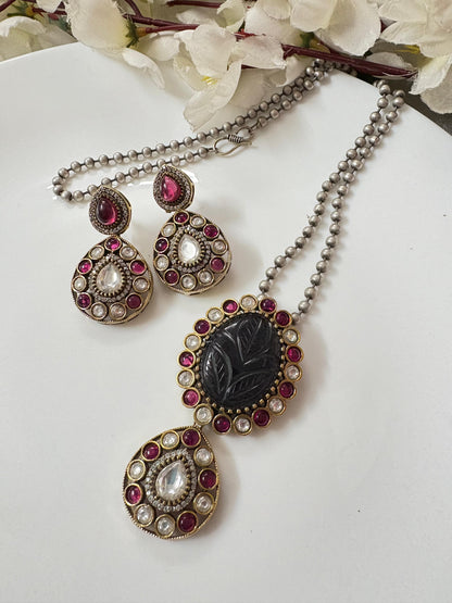 Premium Dual-Tone Carved Stone Pendant Long Necklace Set with Matching Earrings (Available in Ruby/Black and Emerald/Mint)