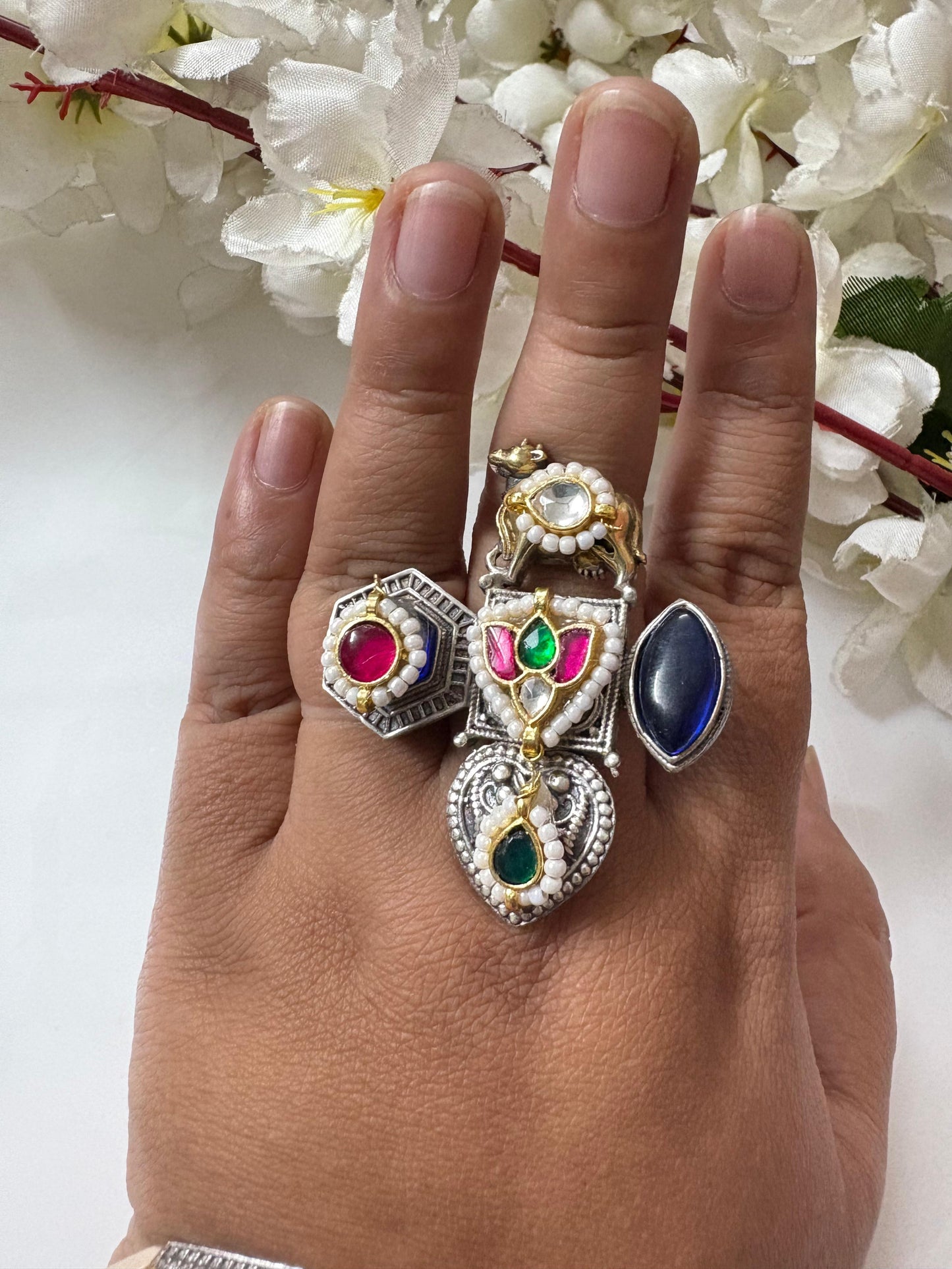 Sacred Nandi Kundan Statement Ring | Temple-Inspired Fusion Jewelry