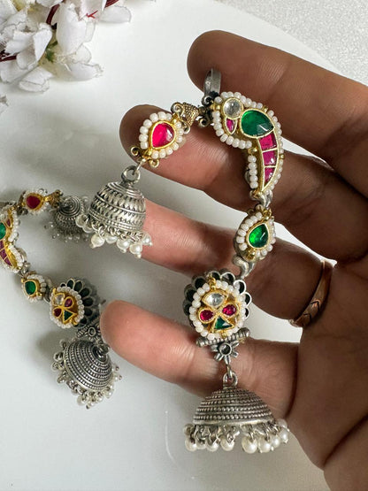 Rajmayur Dual Tone Pachi Kundan Fusion SLA Ear Cuff Earrings with Pearl Jhumkas | Statement Bridal Ear Cuffs for Women