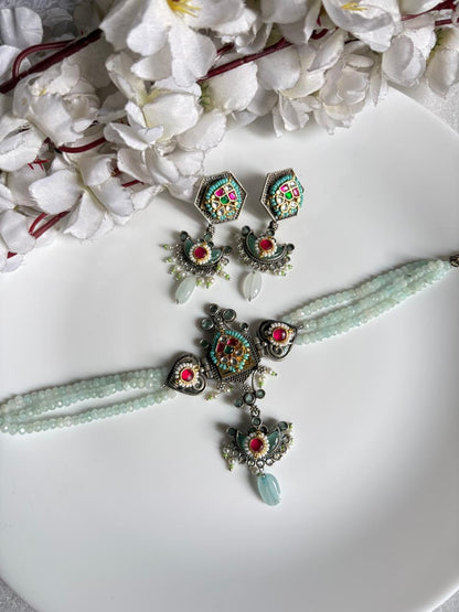 Noorika Premium SLA Dualtone Choker Necklace with Kundan Fusion and Earrings for Women