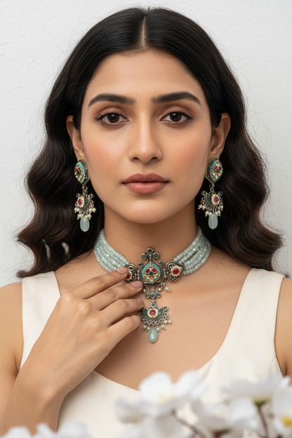 Noorika Premium SLA Dualtone Choker Necklace with Kundan Fusion and Earrings for Women