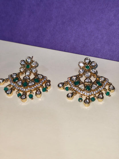 Premium Moissanite Polki Chandbali Earrings with Emerald Green Stones | Alankrent - Alankrent Luxe