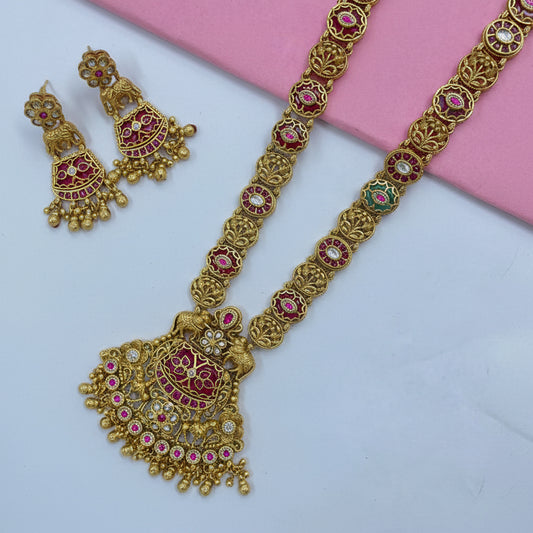 Rajvanshi Gajmukta Temple Necklace Set  Jadtar Ruby Green Bridal Haar (Buy | Rent Available) by Alankrent