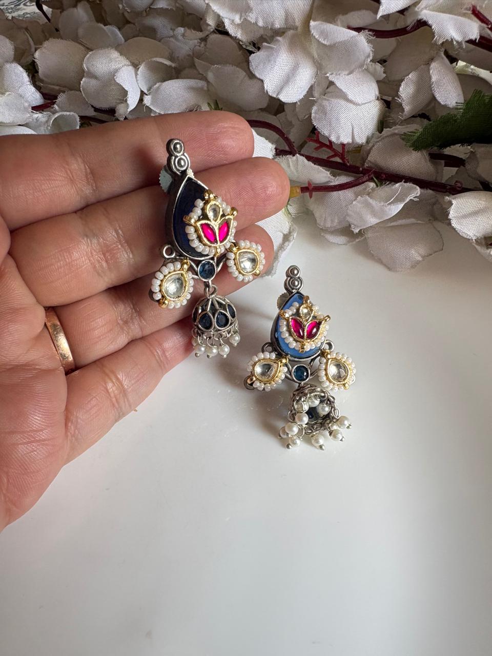 Dual-Tone Kundan Fusion Jhumka Earrings with Pearl Drops (Blue/Red/Green) | Alankrent - Alankrent Luxe