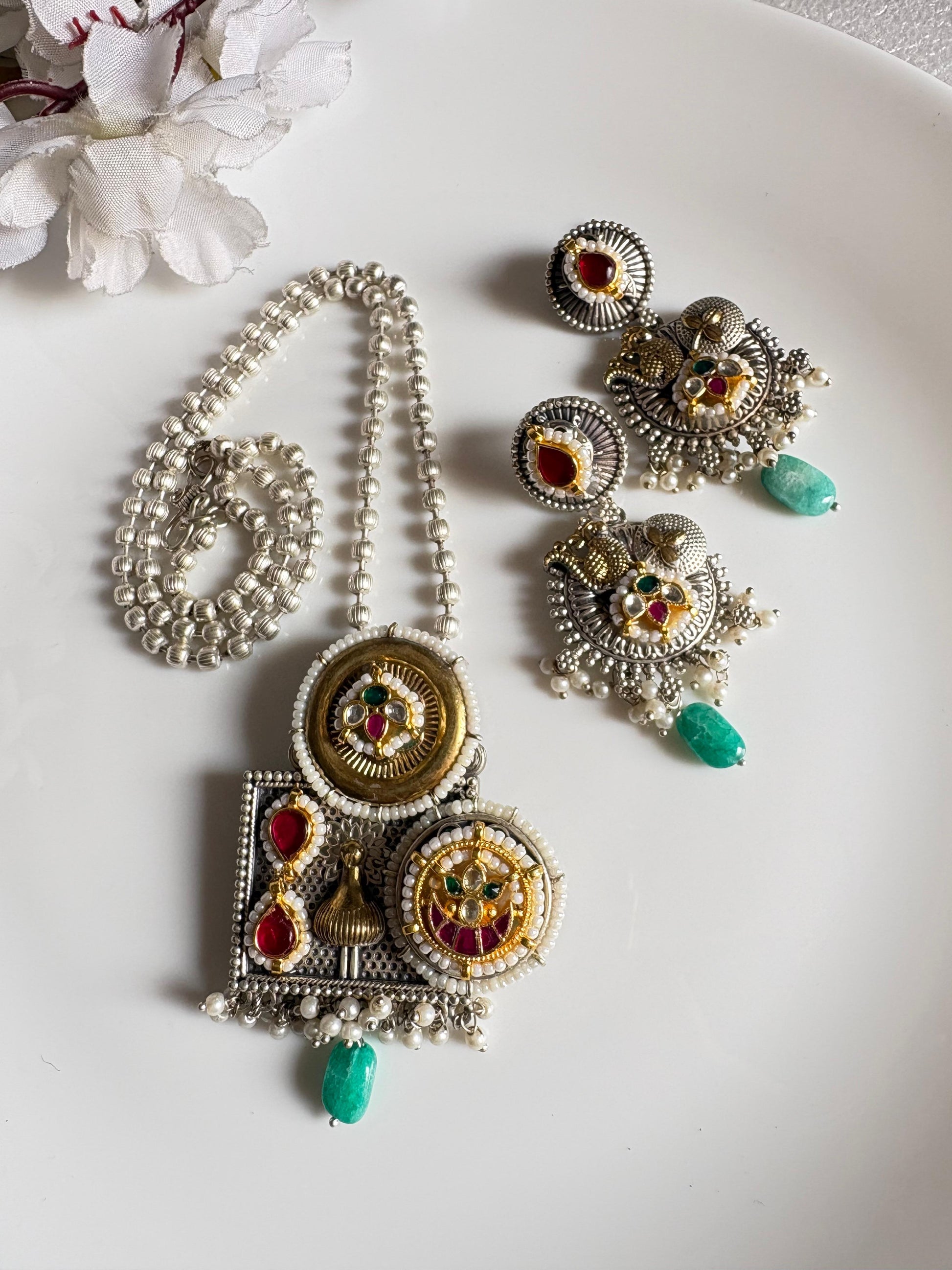 Kundan Fusion Long Dual Tone Necklace Set With Earrings Sla Finish Brass Jewellery Limited Edition Alankrent Ak Kf by Alankrent