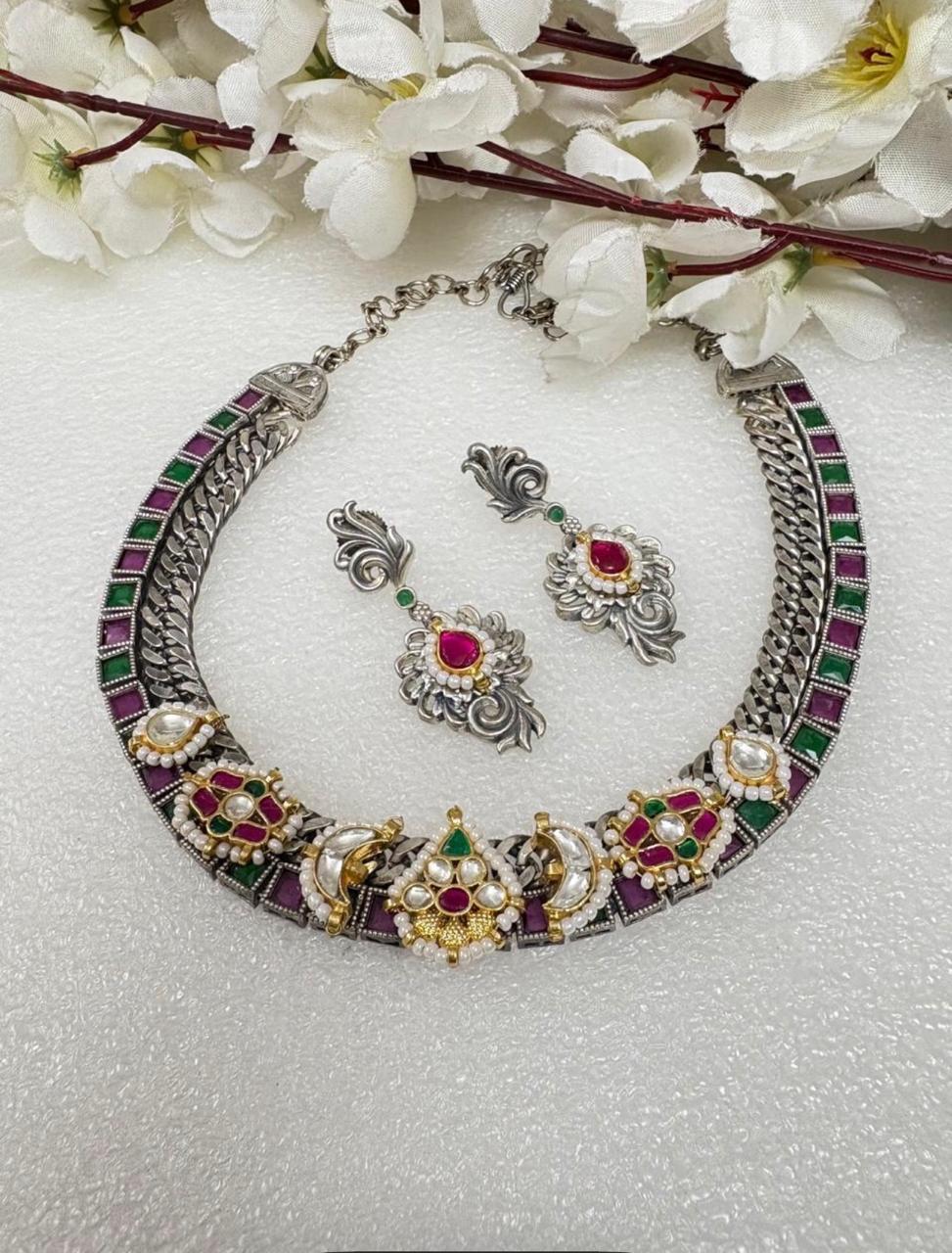 Rangrekha Navrang Dual Tone SLA Kundan Collar Necklace Set with Matching Earrings | Premium Ethnic Jewellery  Ready Stock | Alankrent | AK-COL-NV08 by Alankrent
