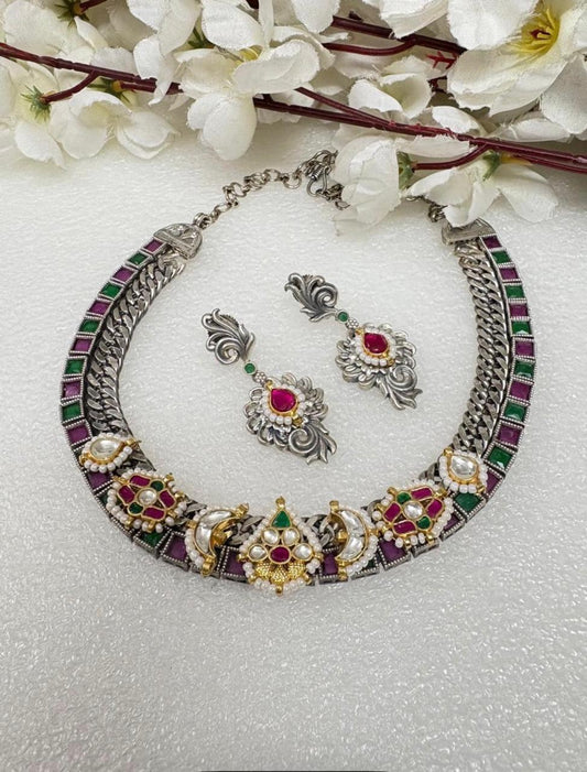 Rangrekha Navrang Dual Tone SLA Kundan Collar Necklace Set with Matching Earrings | Premium Ethnic Jewellery  Ready Stock | Alankrent | AK-COL-NV08 by Alankrent
