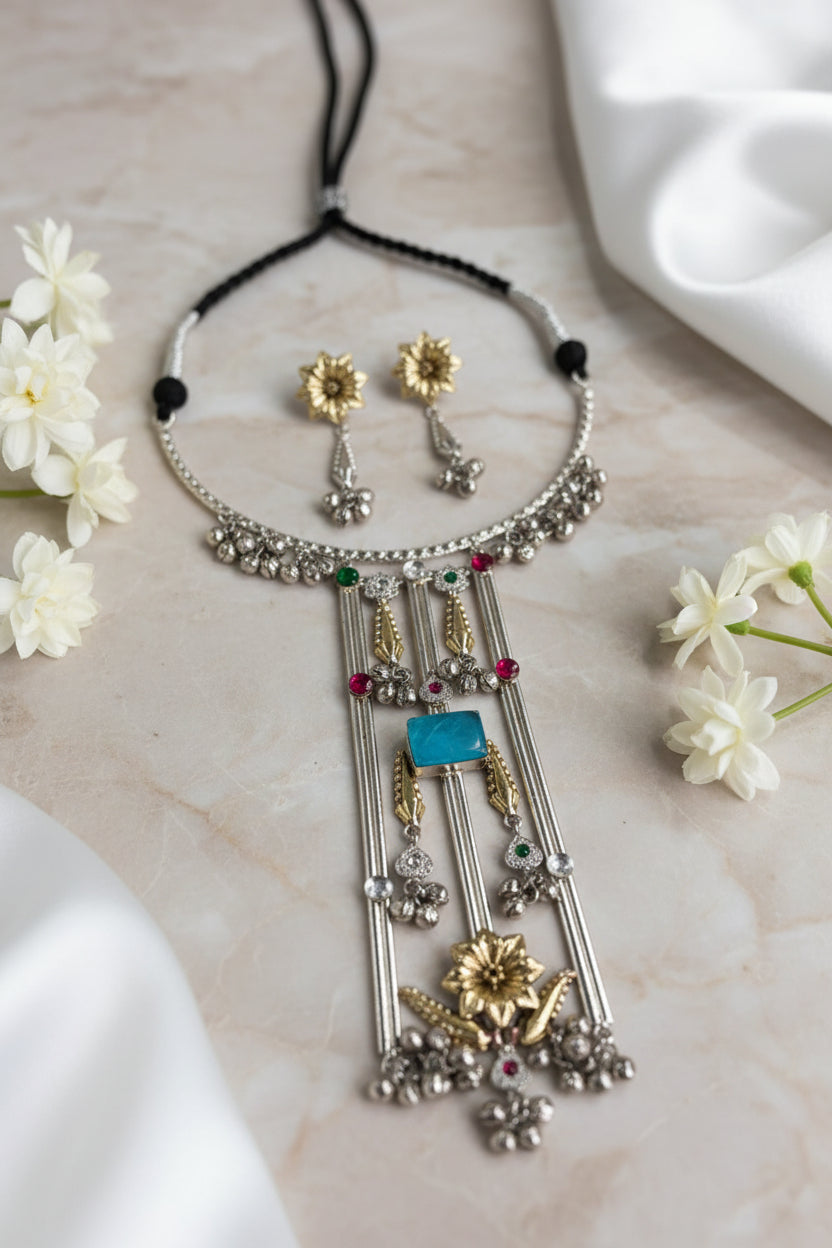 Aarohi Tie Hasli Necklace with Gungharu & Zirconia Detailing – Traditional Indian Jewellery