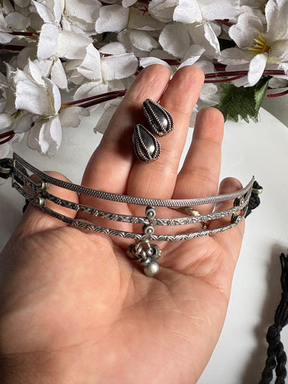 Ragini Antique Silver Layered Ghungroo Choker Necklace | Adjustable Ethnic Statement Necklace