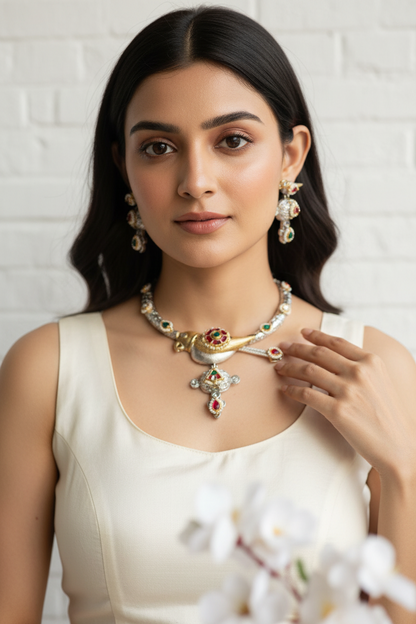 Mayurika Kundan Hasli Necklace Set with Earrings | SLA Dualtone Heritage Jewellery