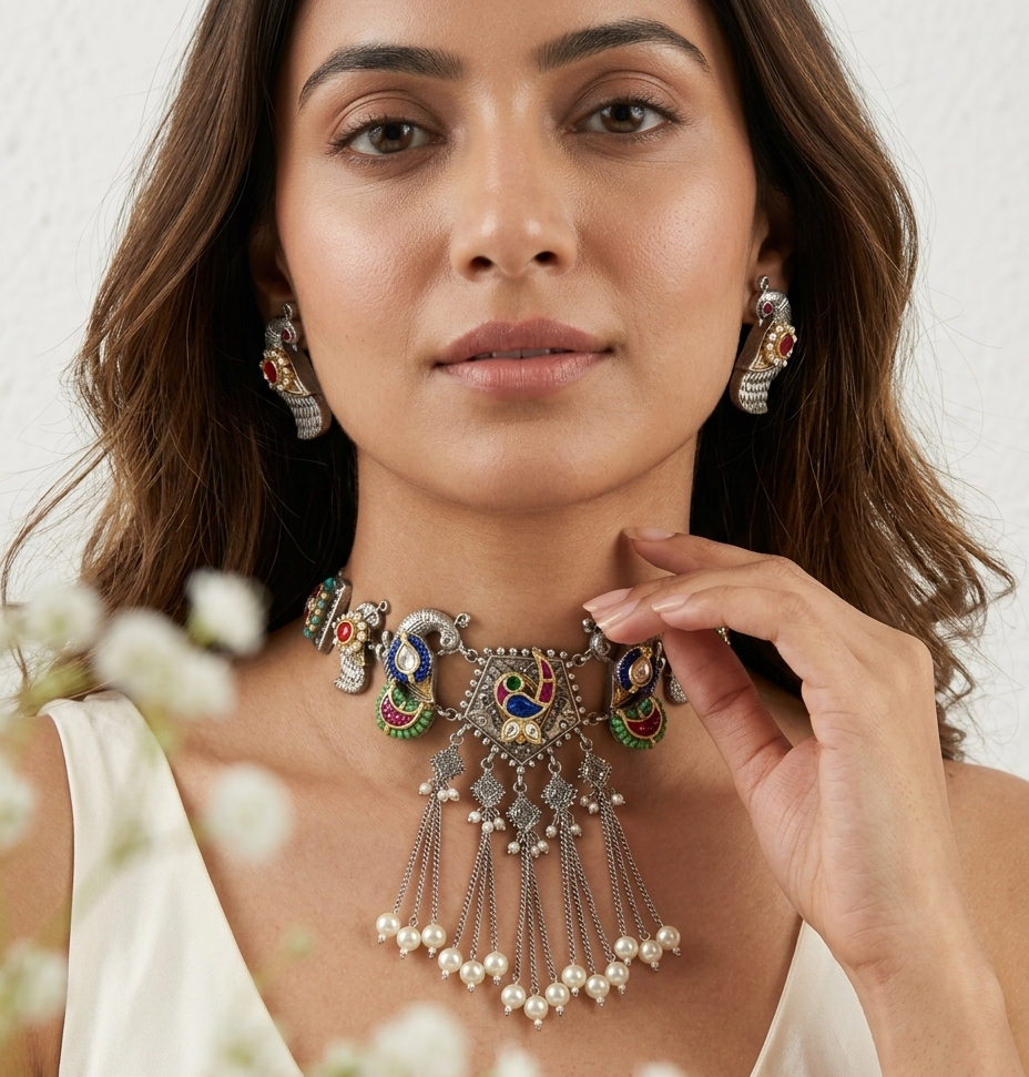 Rangvalli Kundan Fusion Dual Tone Choker Necklace Set with Earrings | Premium SLA Jewellery