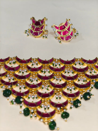 Raktika Veni Kundan Necklace Set with Stud Earrings| Navratri Statement Jewellery | Ruby Green Layered Choker Haar