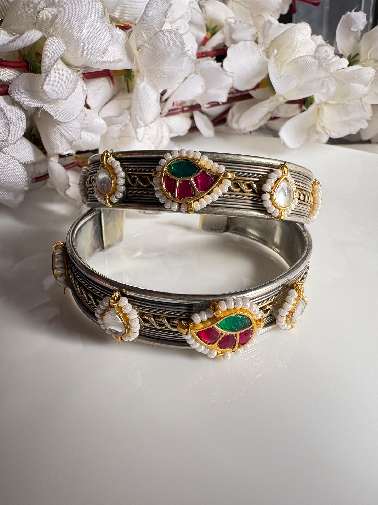 Padmika Premium Kundan Fusion Dual Tone German Silver Flexible Handcuff Kada (Pair)| Brass Based Adjustable Cuff Bracelet for Women