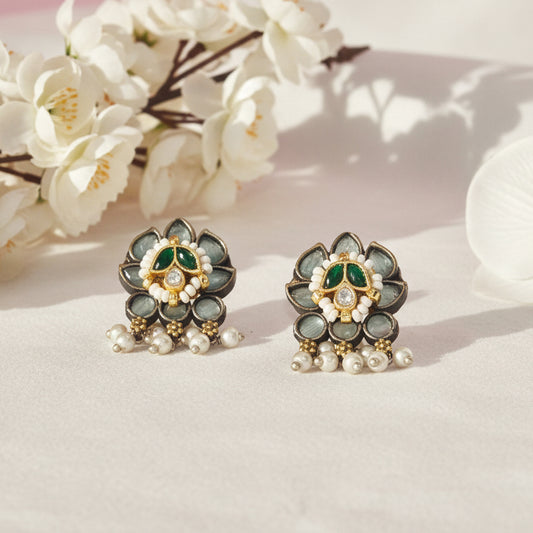 Lotus Heritage Pacchi Kundan Stud Earrings in German Silver | Alankrent Luxe