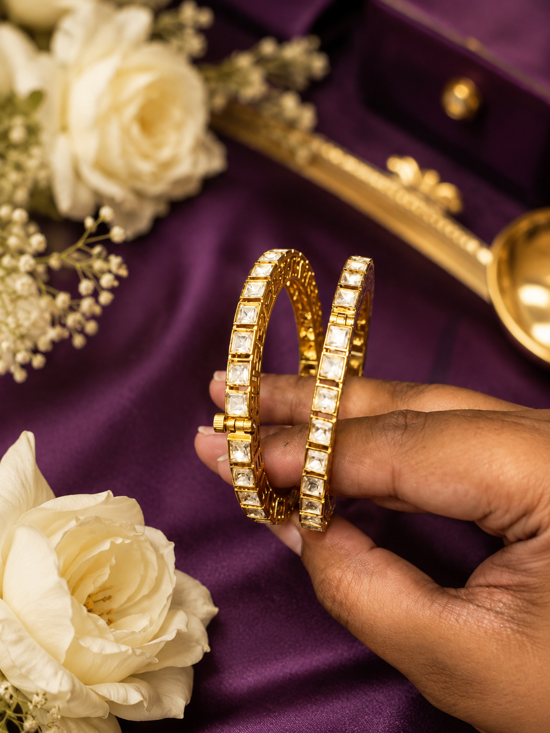 Suvarnika Premium Polki Kundan Kada Pair with 22K Gold Polish | Bridal Gold Look Bangles for Women