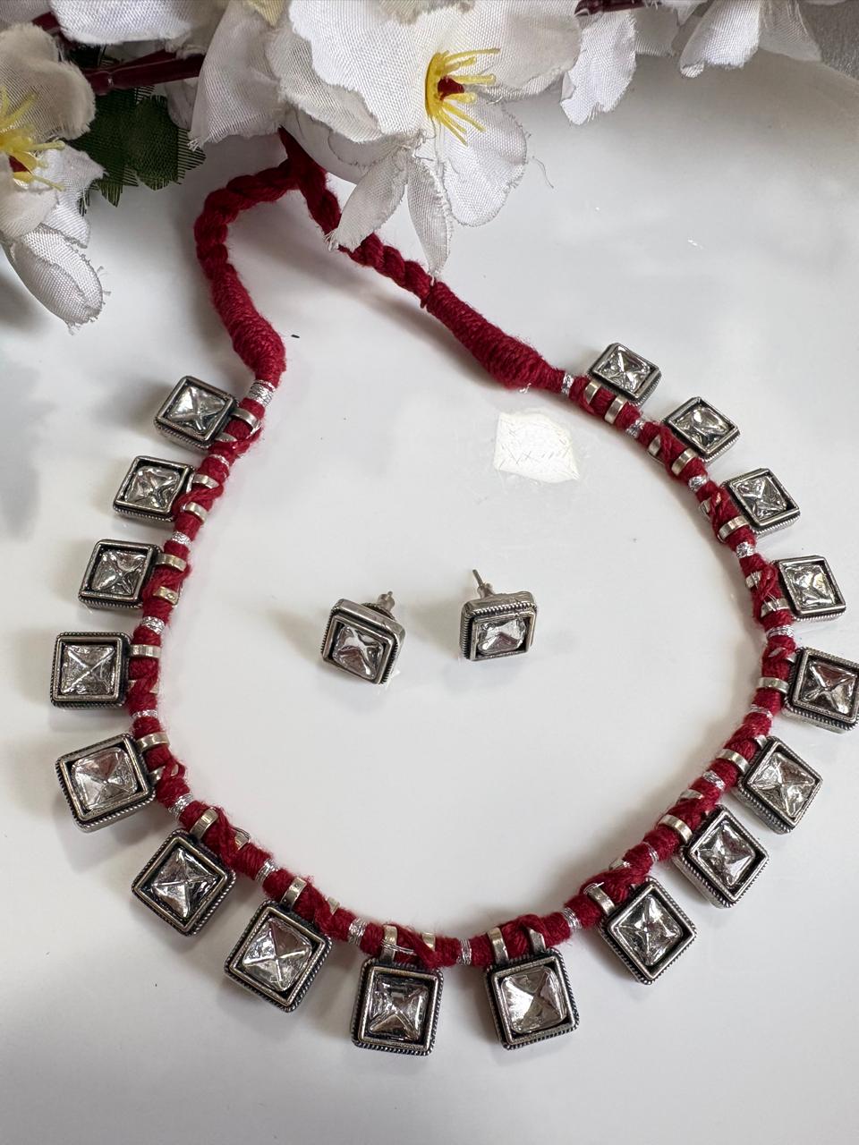 Rudrika German Silver stone Thread Necklace Set with Stud Earrings – Handmade Adjustable Ethnic Jewellery for Women