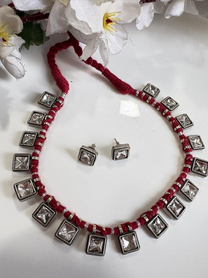 Rudrika German Silver stone Thread Necklace Set with Stud Earrings – Handmade Adjustable Ethnic Jewellery for Women