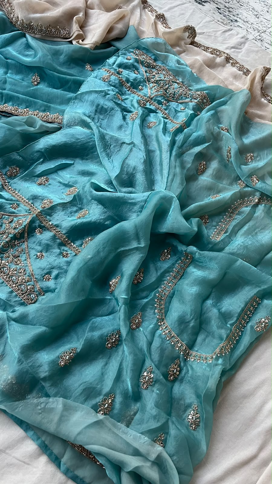 Aaranya Turquoise Luxe Saree | Turquoise Blue Pure Lycra Saree with Fancy Coding Work and Contrast Ivory Blouse