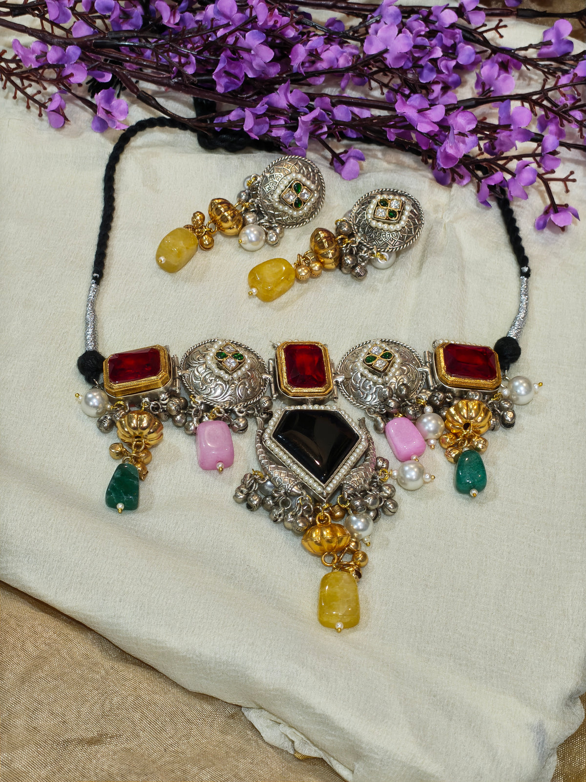 Rajlaxmi Multicolour Fusion Statement Choker Necklace with Pearl Drops