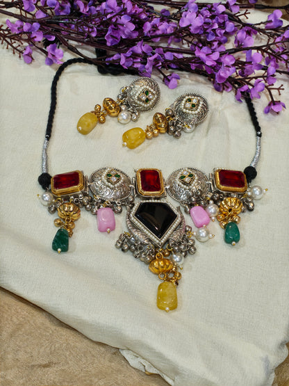 Rajlaxmi Multicolour Fusion Statement Choker Necklace with Pearl Drops