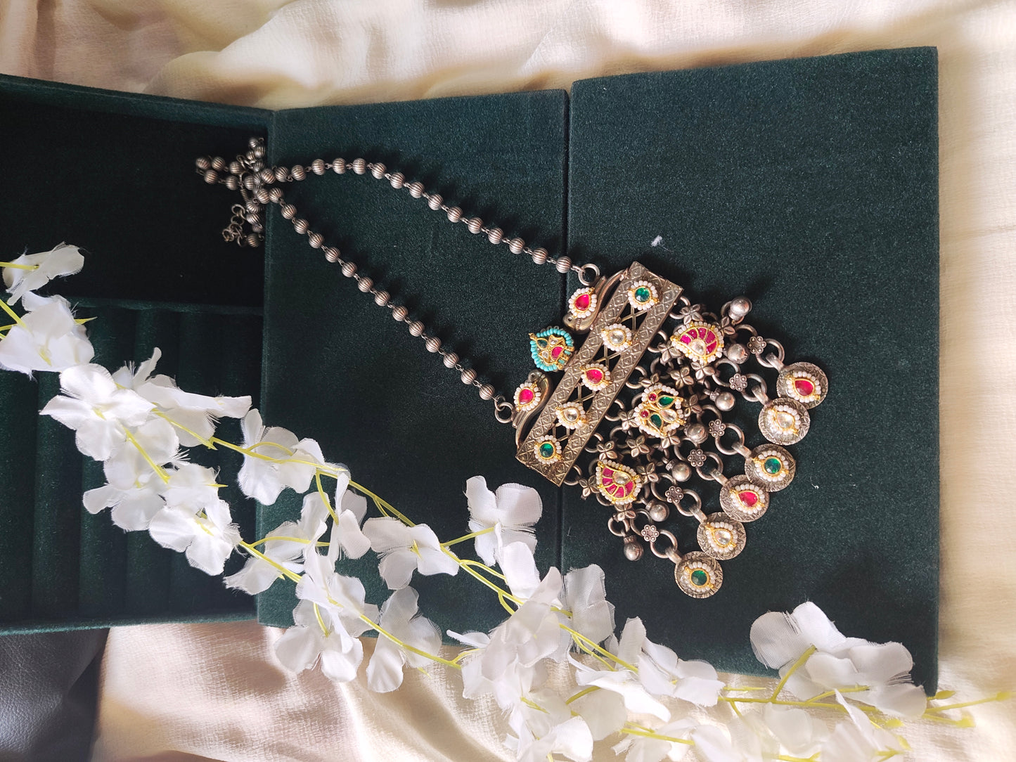 Mayurika Dual Tone Kundan Long Pendant Necklace | SLA Silver Look-Alike Statement Necklace
