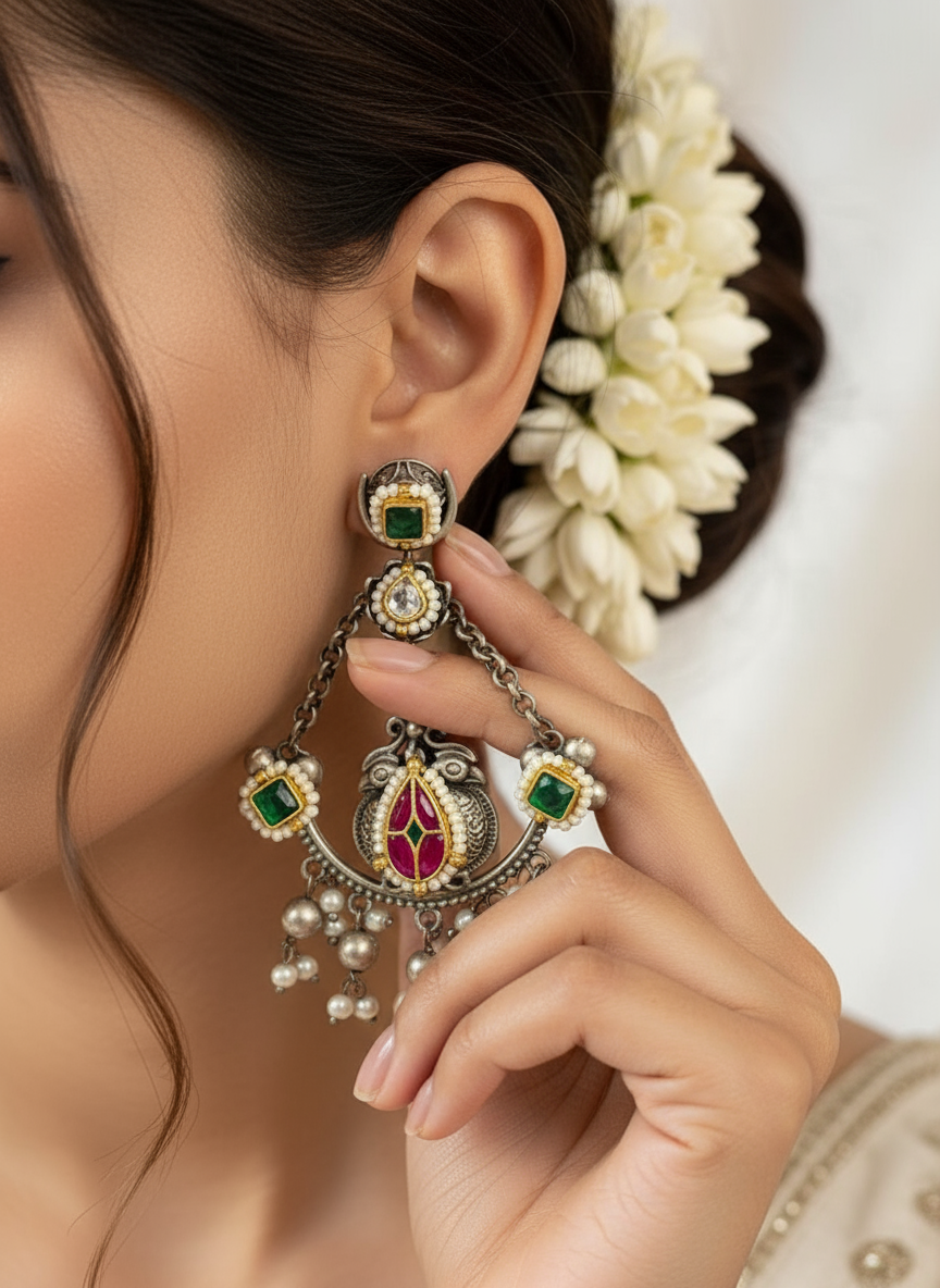 Alankrent Mayuri Chain Chandbali Danglers – Dual-Tone Kundan Earrings with Pearls & Green Stones