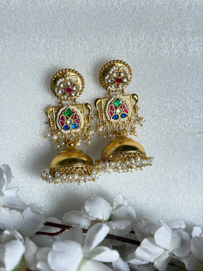 Kanakprabha Gold Matt Fusion Pachi Kundan Jhumka Earrings | Premium Brass Pearl Jhumkas | Designer Gold Matt Ethnic Earrings | Alankrent Luxe