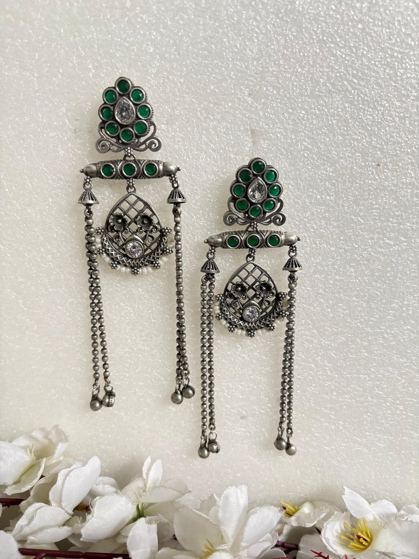 Noor Antique Stone Tassel Earrings
Handcrafted Antique Silver Long Earrings | Stone Tassel Earrings | Heritage Statement Jewellery