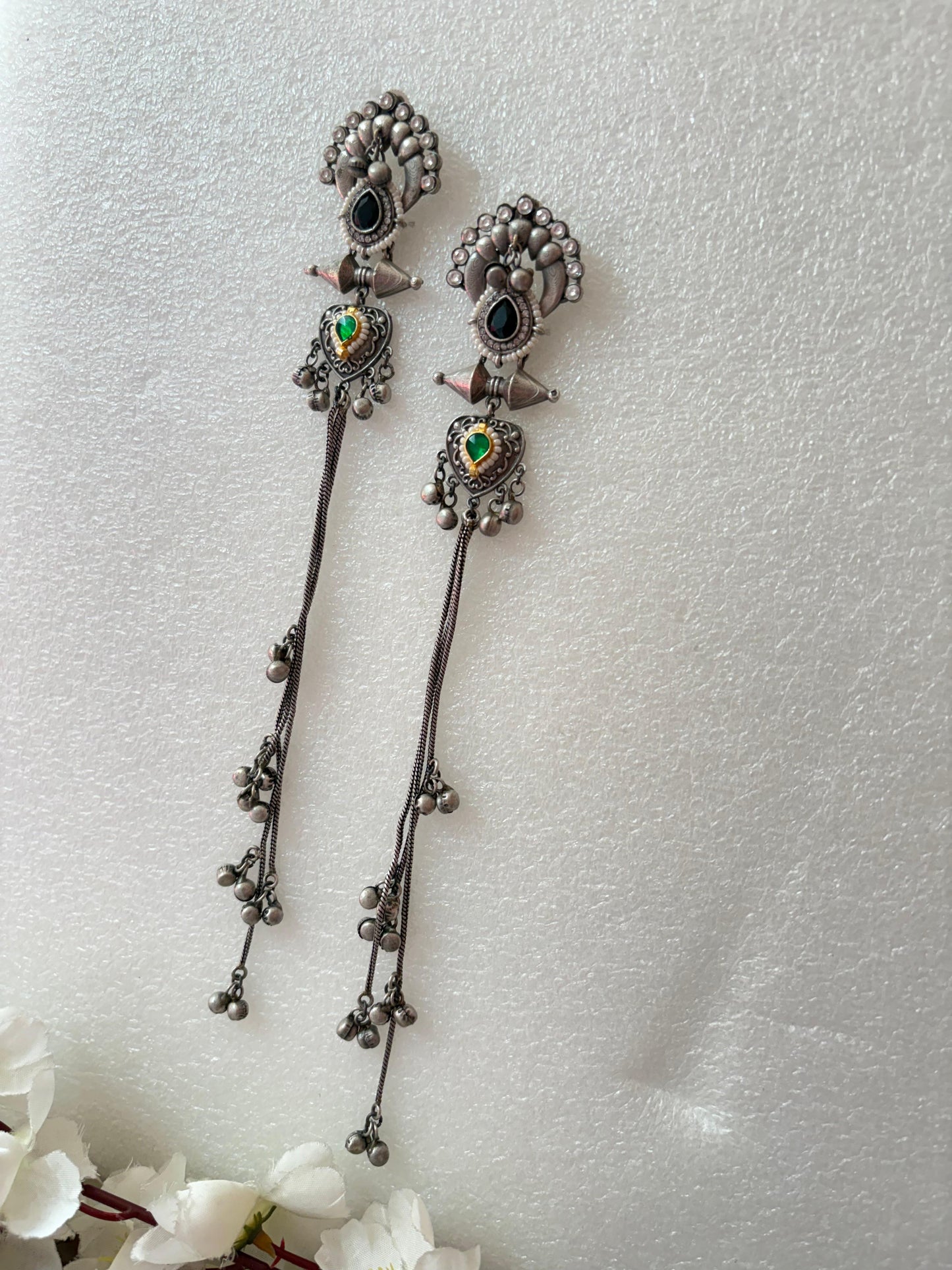 Tribal Long Chain Earrings with Coloured Stones | Festive Latkan Jewellery