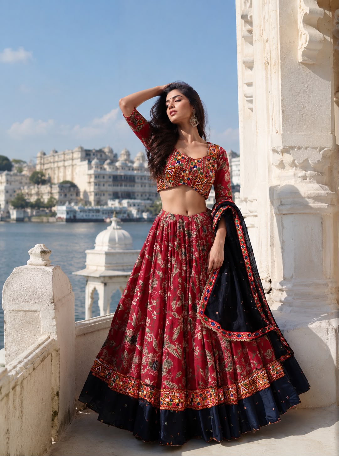 Rajwadi Gamthi Chaniya Choli in Gaji Satin with Embroidered Cotton Dupatta