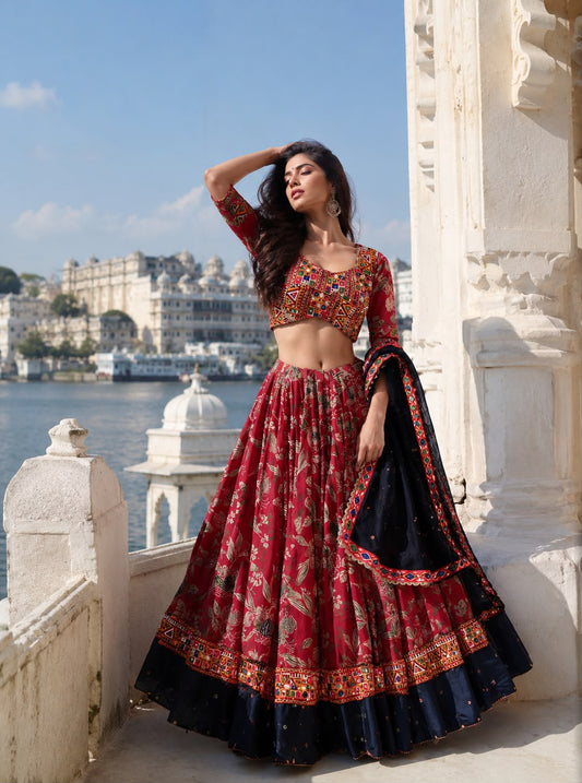 Rajwadi Gamthi Chaniya Choli in Gaji Satin with Embroidered Cotton Dupatta