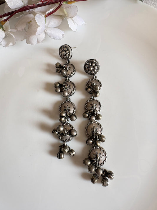Premium German Silver Long Earrings with Traditional Coin & Ghungroo Detailing | Handcrafted Oxidised Ethnic Jewellery – Alankrent