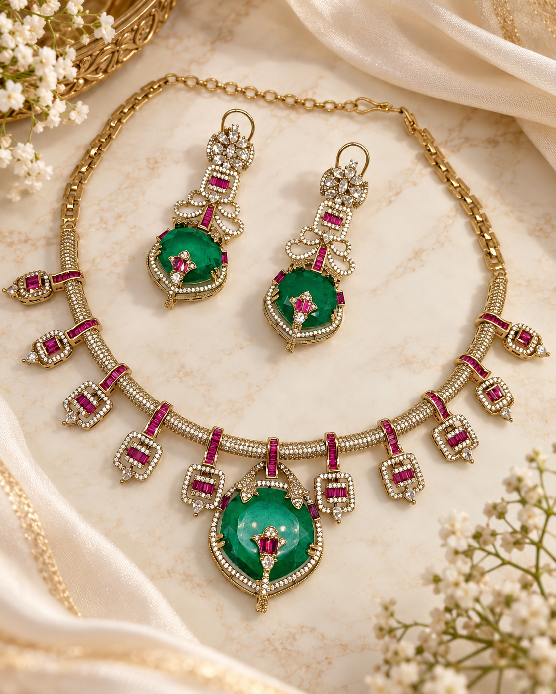 Emerald Green Doublet Stone Antique Gold Necklace Set with Earrings