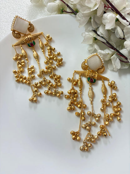 Heritage Kundan Long Dangler Earrings | Gold Matte Finish | Brass Base with Stone Tops & Ghungroo Detailing – Available in Green, White & Yellow