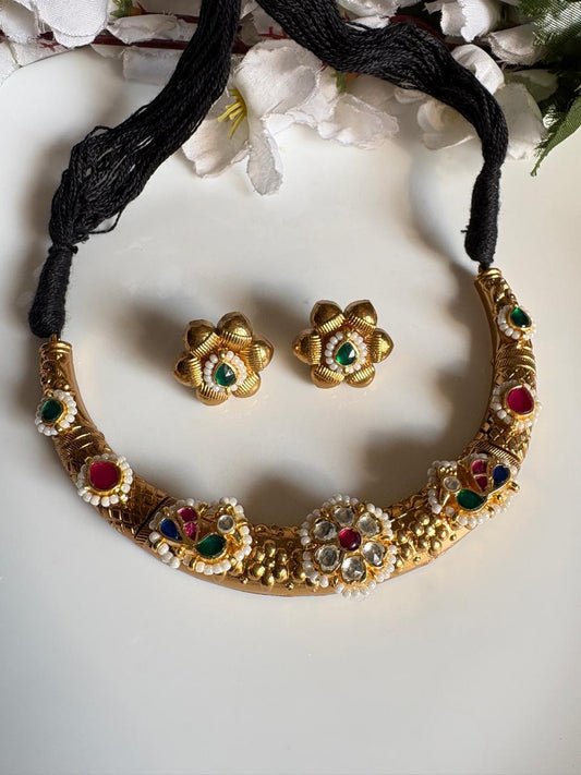 Gold Matt Hasli Necklace Set with Kundan Fusion & Earrings | Premium Ethnic Jewellery | Ready Stock | Alankrent | AK-20260112-HS53