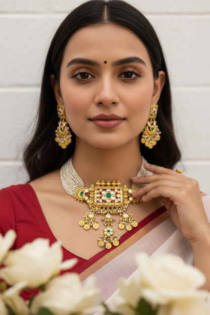 Rajeshwari Heritage Jadtar Gold Lookalike Choker Set with Earrings | Traditional Bridal Jewellery
