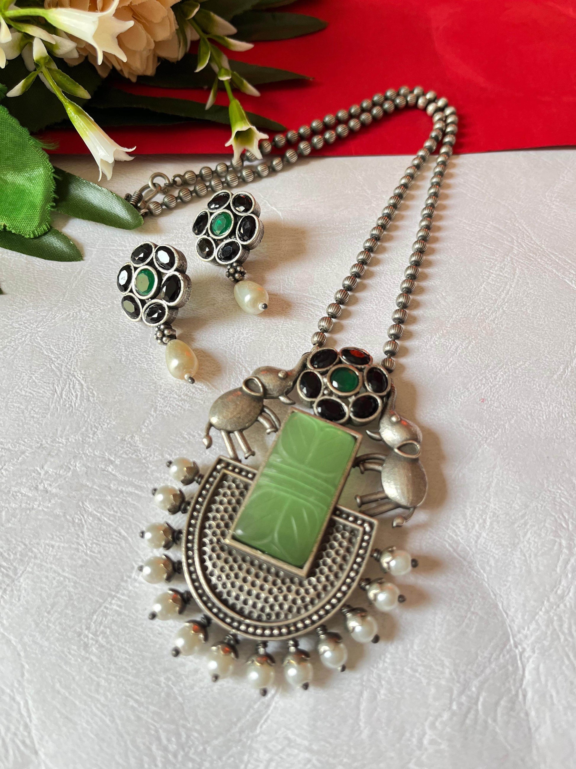 Silver Lookalike Necklace - Elephant Monalisa Stone with earrings - Alankrent Luxe