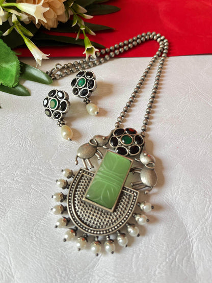 Silver Lookalike Necklace - Elephant Monalisa Stone with earrings - Alankrent Luxe