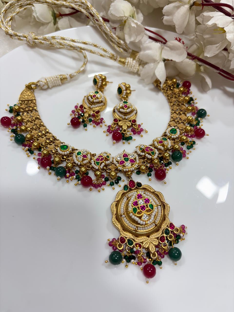 SLA Gold Matt Kundan Fusion Necklace Set with Earrings | Premium Collection | Ready Stock | Alankrent | AK-20260112-NK41 by Alankrent