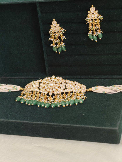 Noorika Polki Pearl Beads Choker Set with Green Bead Drops & Matching Earrings | Bridal Choker Necklace