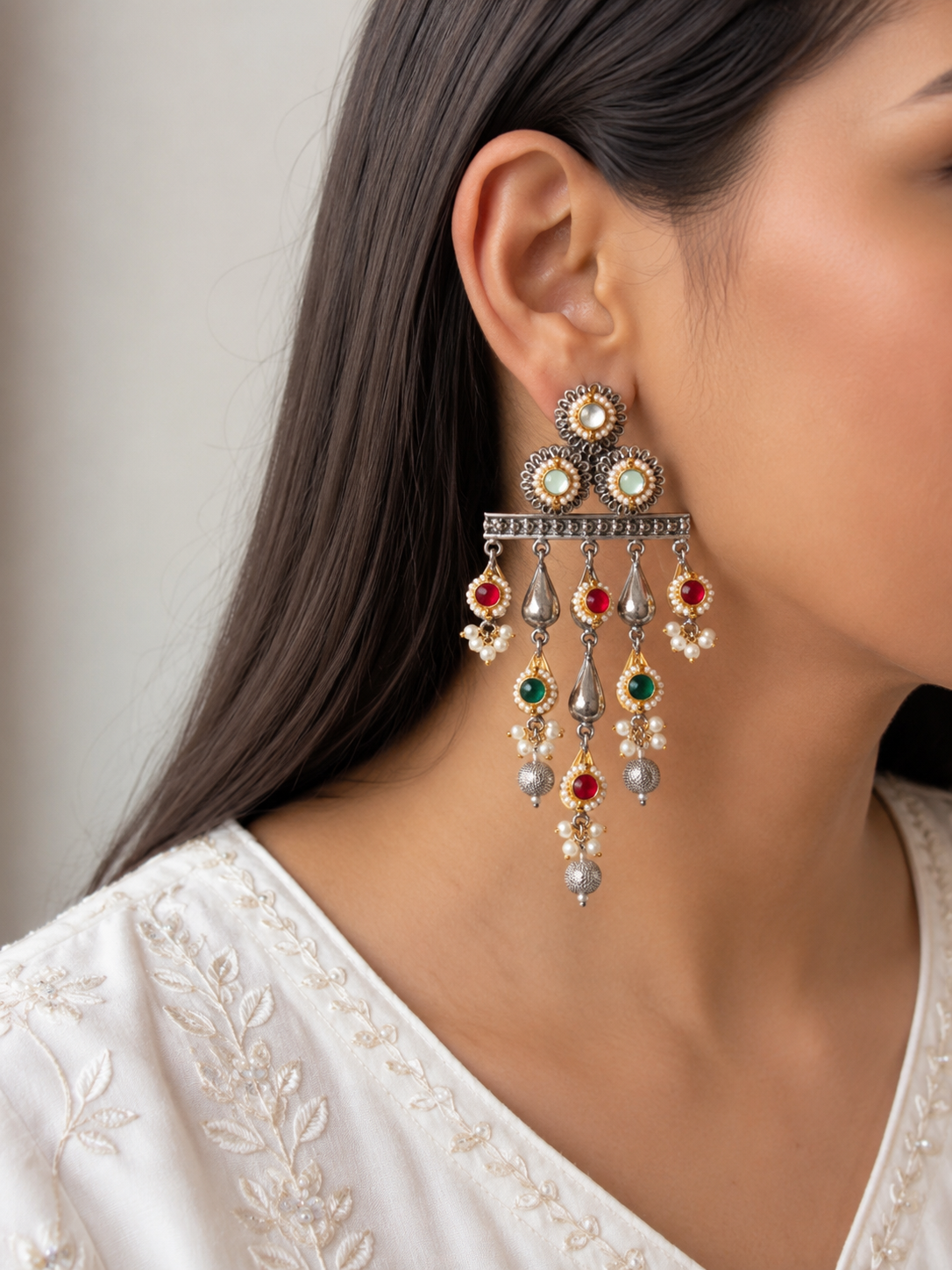 Dviratna Dual Tone Fusion Kundan Earrings | Premium Brass Dual Tone Earrings | Antique Indian Statement Earrings | Alankrent Luxe