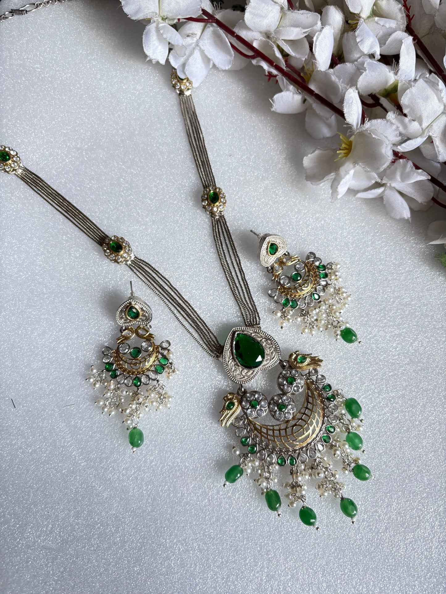 Mayurika Premium SLA Statement Necklace Set with Peacock Pendant & Earrings | Dual Tone Heritage Jewellery | Bridal & Festive Collection