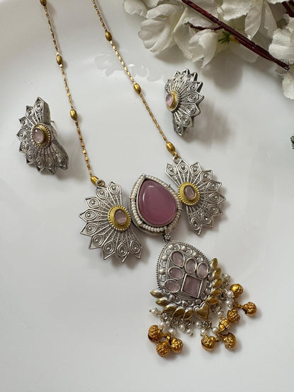 Statement Silver and Gold Finish Necklace and Earring Set with Multi-Color Stone Options