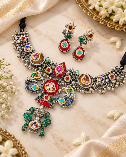 Rajhansini Rangika Multicolour Kundan Meenakari Necklace Set with Matching Earrings |  Silver Indian Jewellery