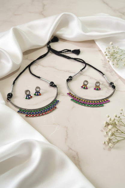 Rangrez Afghani Multi Mirror Hasli Necklace Set | Oxidised Silver Navratri Jewellery